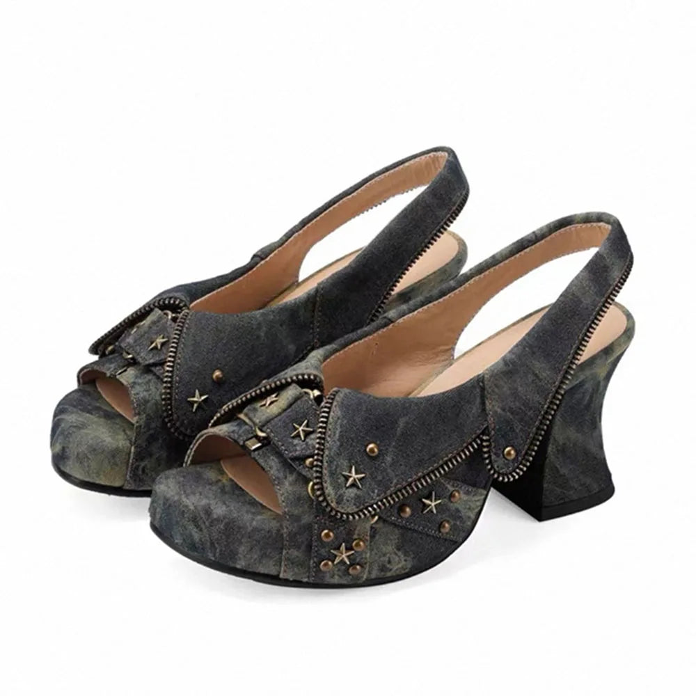 Y2K Distressed Denim Star Rivet Slingback Chunky Heel Sandal