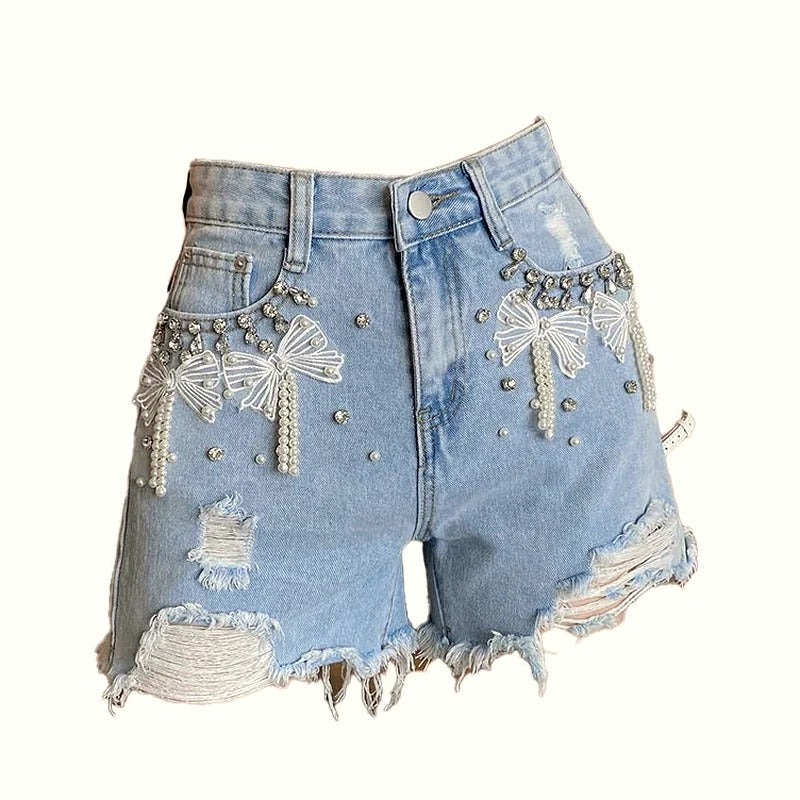Pearl Bow Embellished Denim Shorts