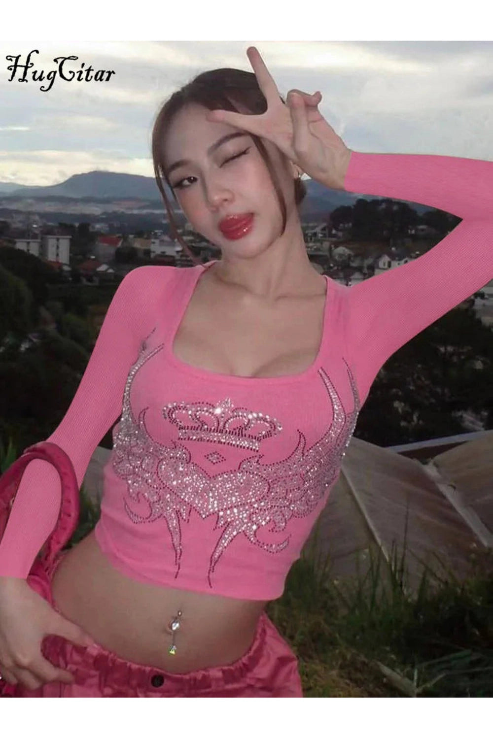 Y2k Hugcitar Sequined Graphic Long Sleeve Pink Kawaii Sexy Slim Crop T-Shirt Top 2023 Fall Women Clothes Festival Rave Party