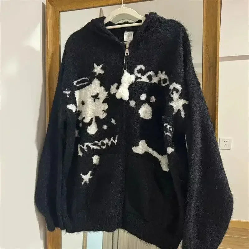 Ghost Punk – Flauschiger Kapuzenpullover mit Reißverschluss
