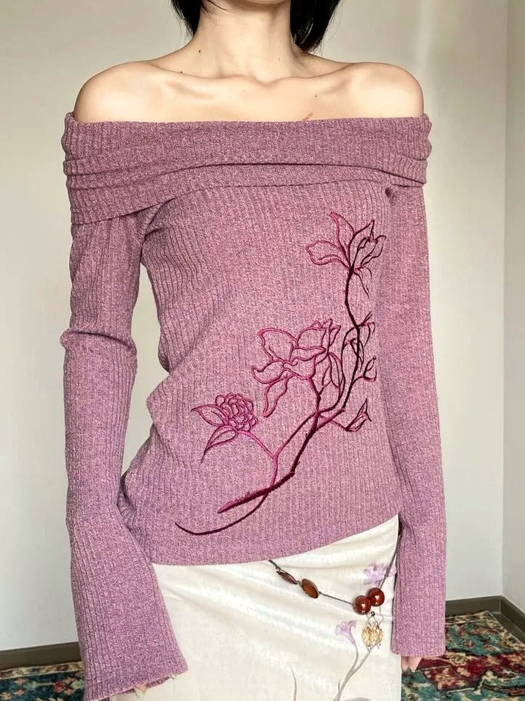Embroidered Off-Shoulder Knit Top