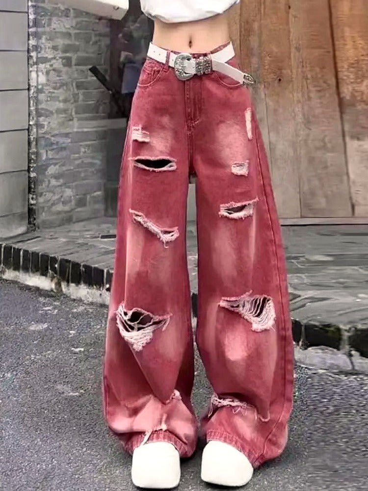 Retro Rose Distressed Baggy Jeans