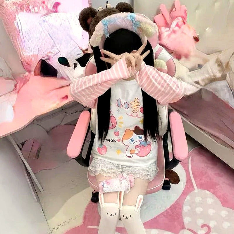 Japanese Patchwork Pink Stripe Casual T-shirt Autumn Cartoon Printing Harajuku Tops Grunge Kawaii Cute Y2k Aesthetic Tshirts