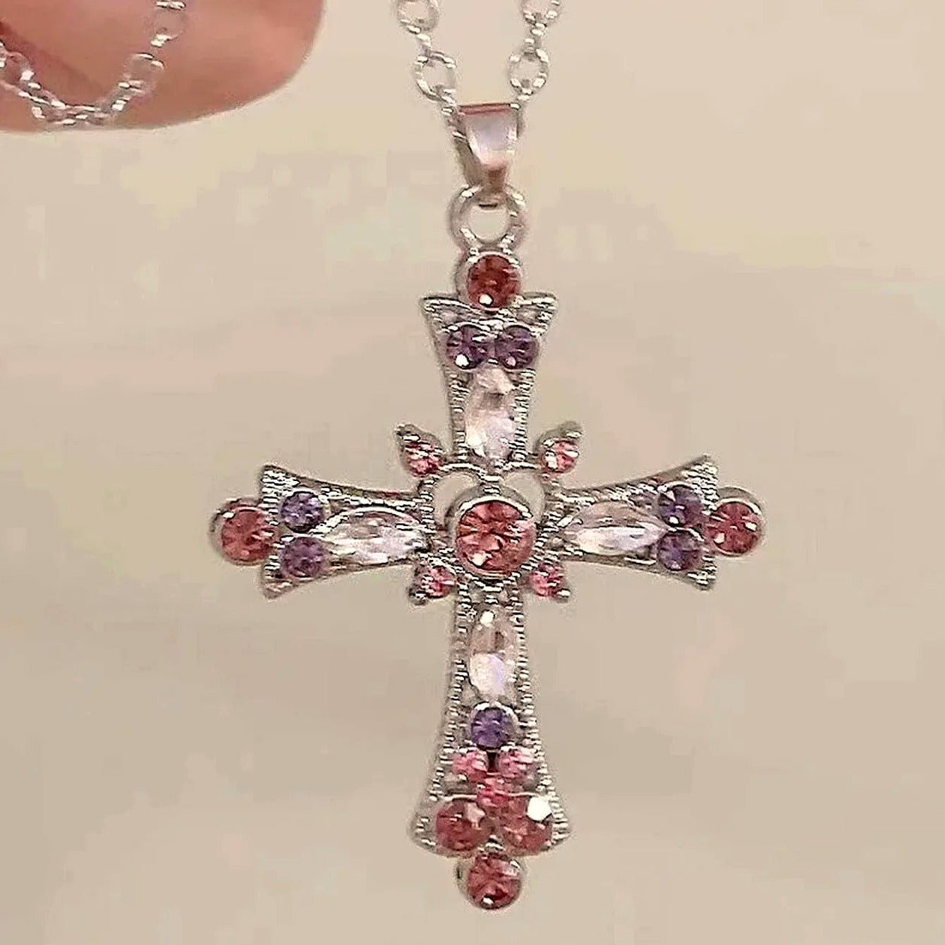 Crystal Rose Gothic Cross Necklace