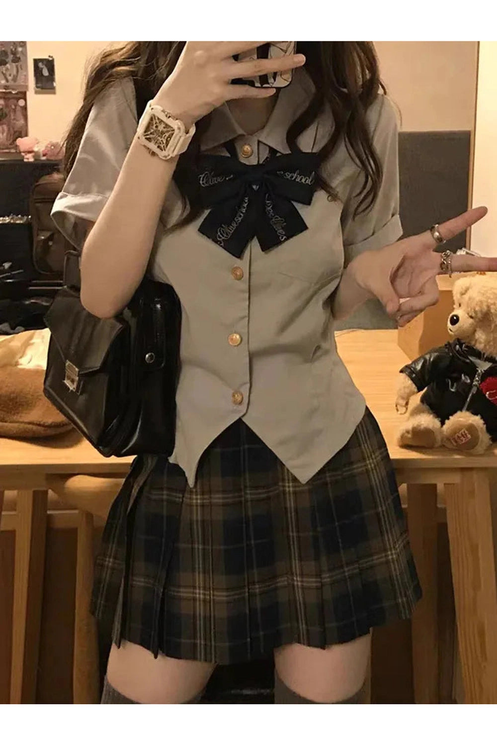 Y2k Japanese Preppy Style High Quality Outfits 2 Piece Set Turn-Down Collar Bow Crop Top + Hight Waist Formal Plaid A-Line Skirt