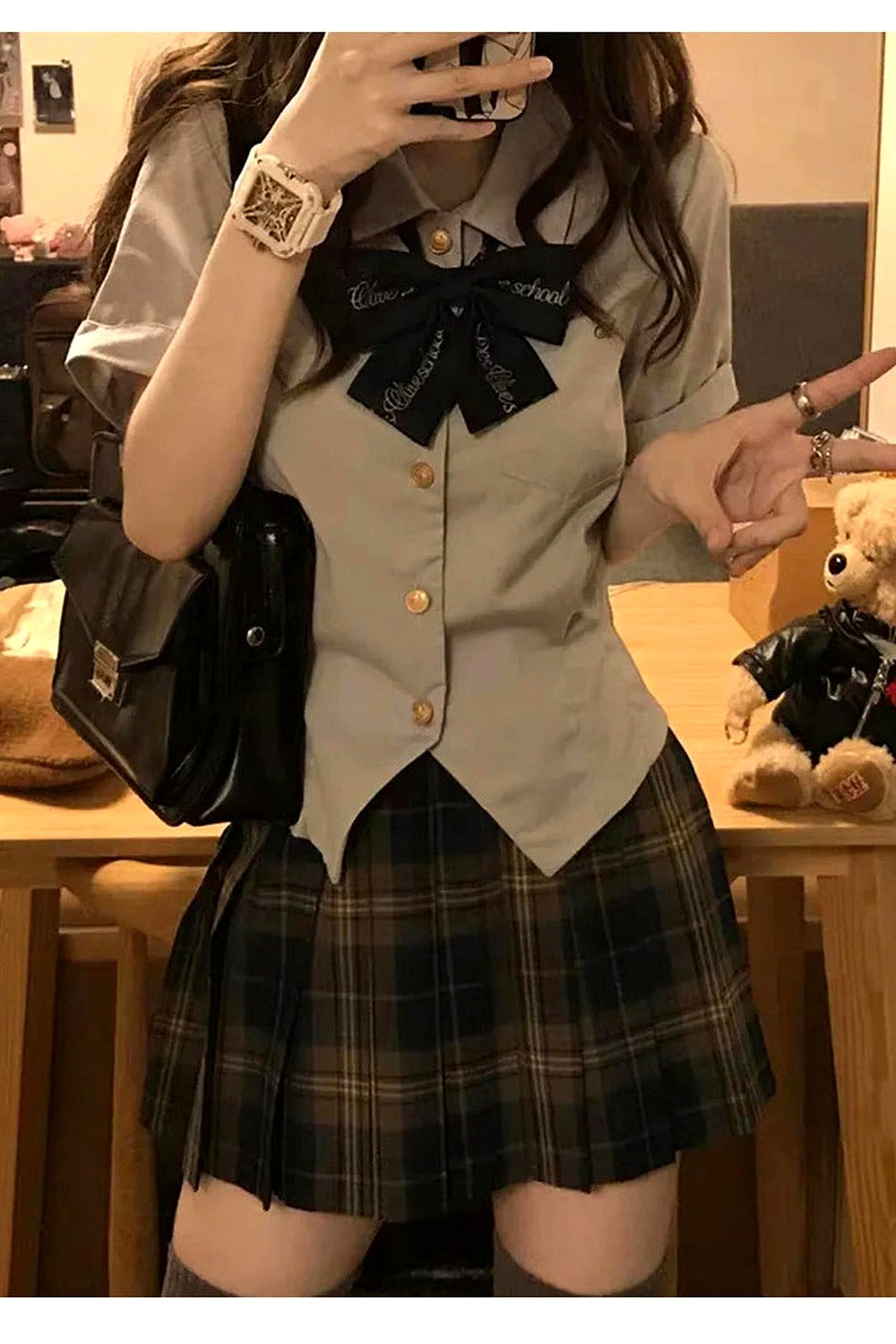 Y2k Japanese Preppy Style High Quality Outfits 2 Piece Set Turn-Down Collar Bow Crop Top + Hight Waist Formal Plaid A-Line Skirt