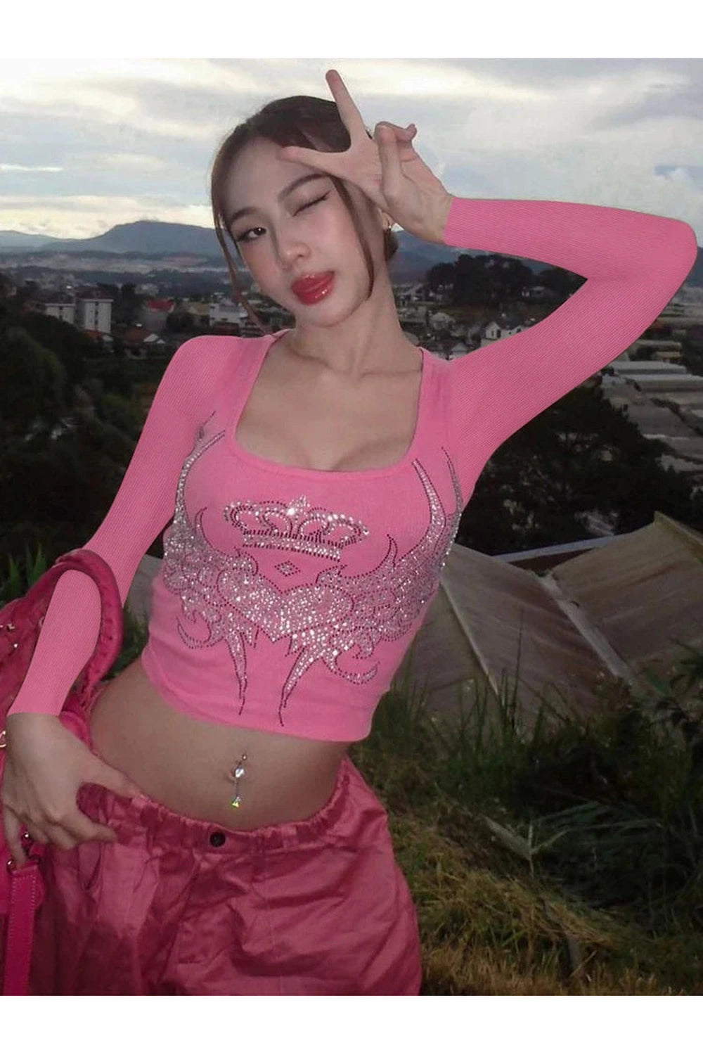 Y2k Hugcitar Sequined Graphic Long Sleeve Pink Kawaii Sexy Slim Crop T-Shirt Top 2023 Fall Women Clothes Festival Rave Party