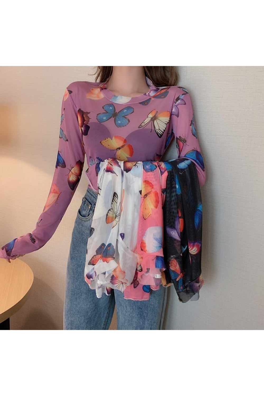 Y2k Aesthetic Butterfly Mesh Crop Top