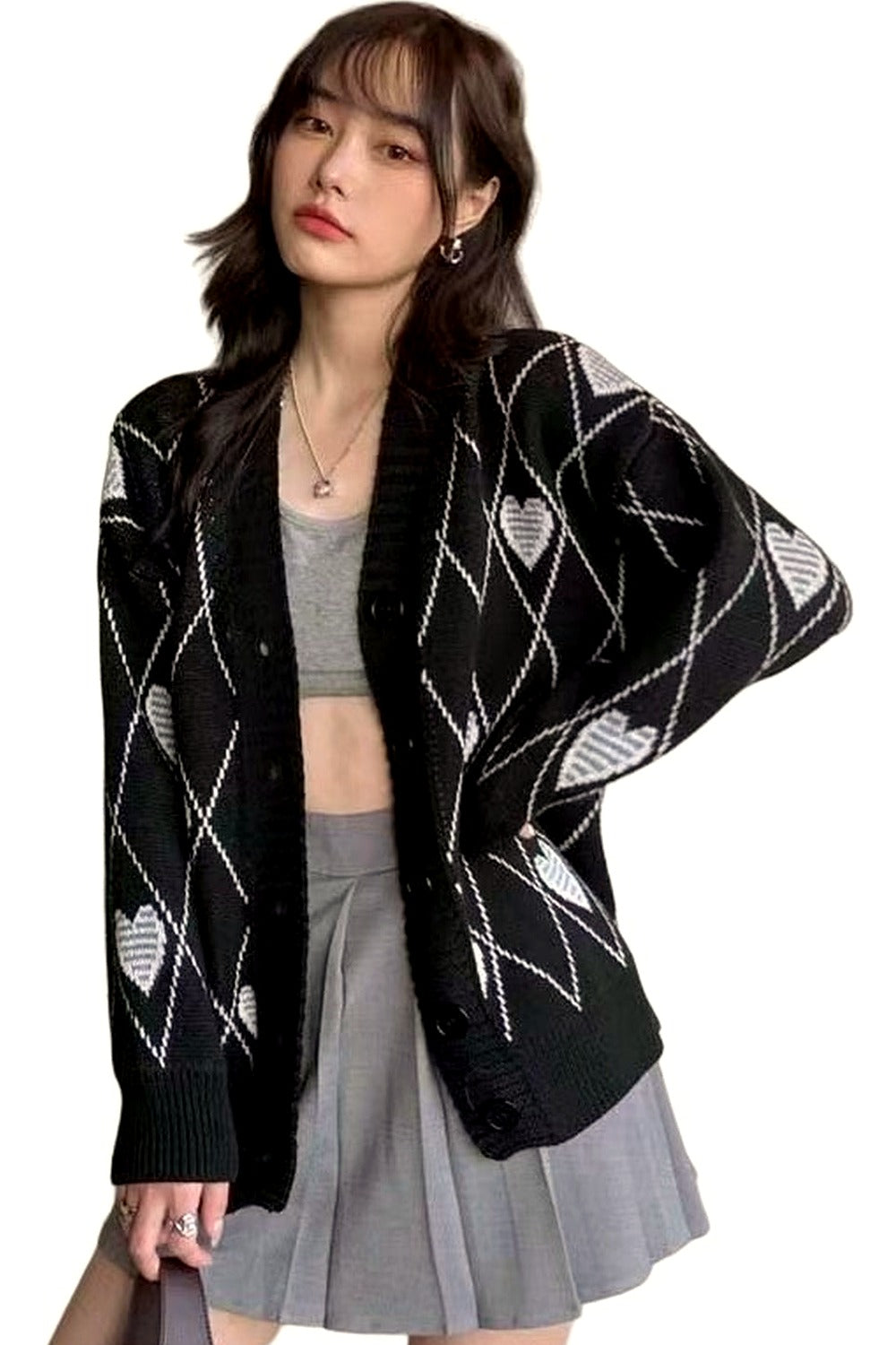 Y2k Argyle Heart Knitted Cardigan