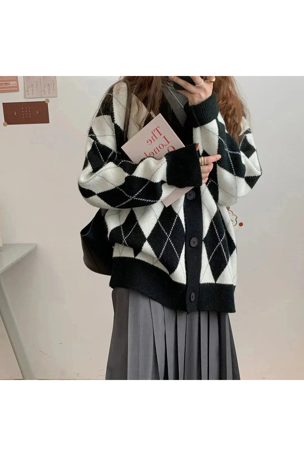 Y2k Argyle Knitted Cardigan