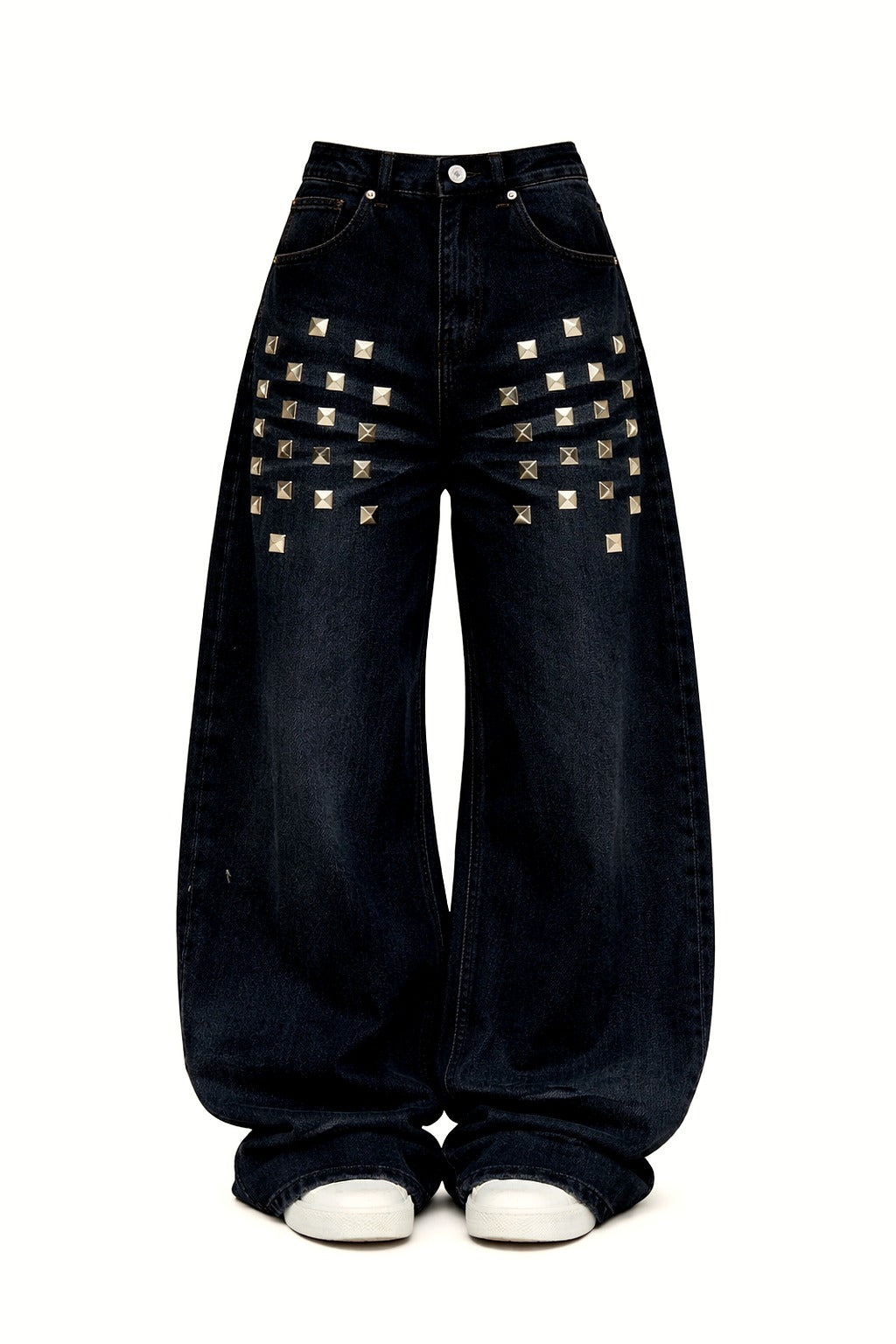 Washed Rivet Detail Wide Leg Jeans