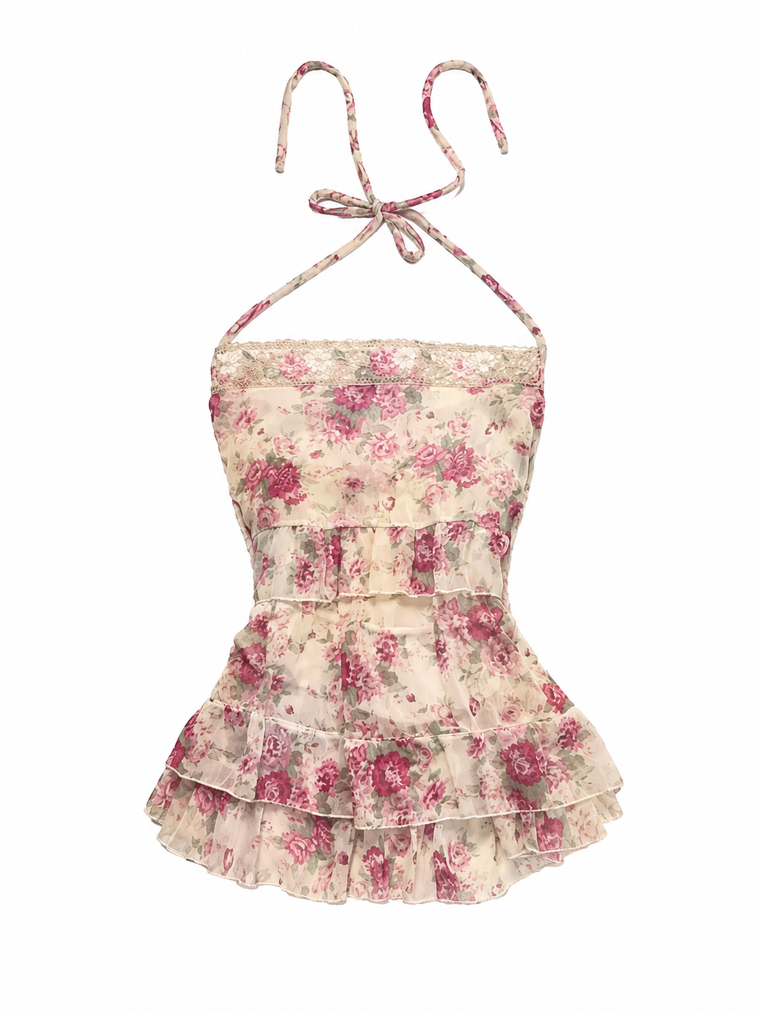 Y2K Rosegarden Halter Blouse in Cream Floral Chiffon