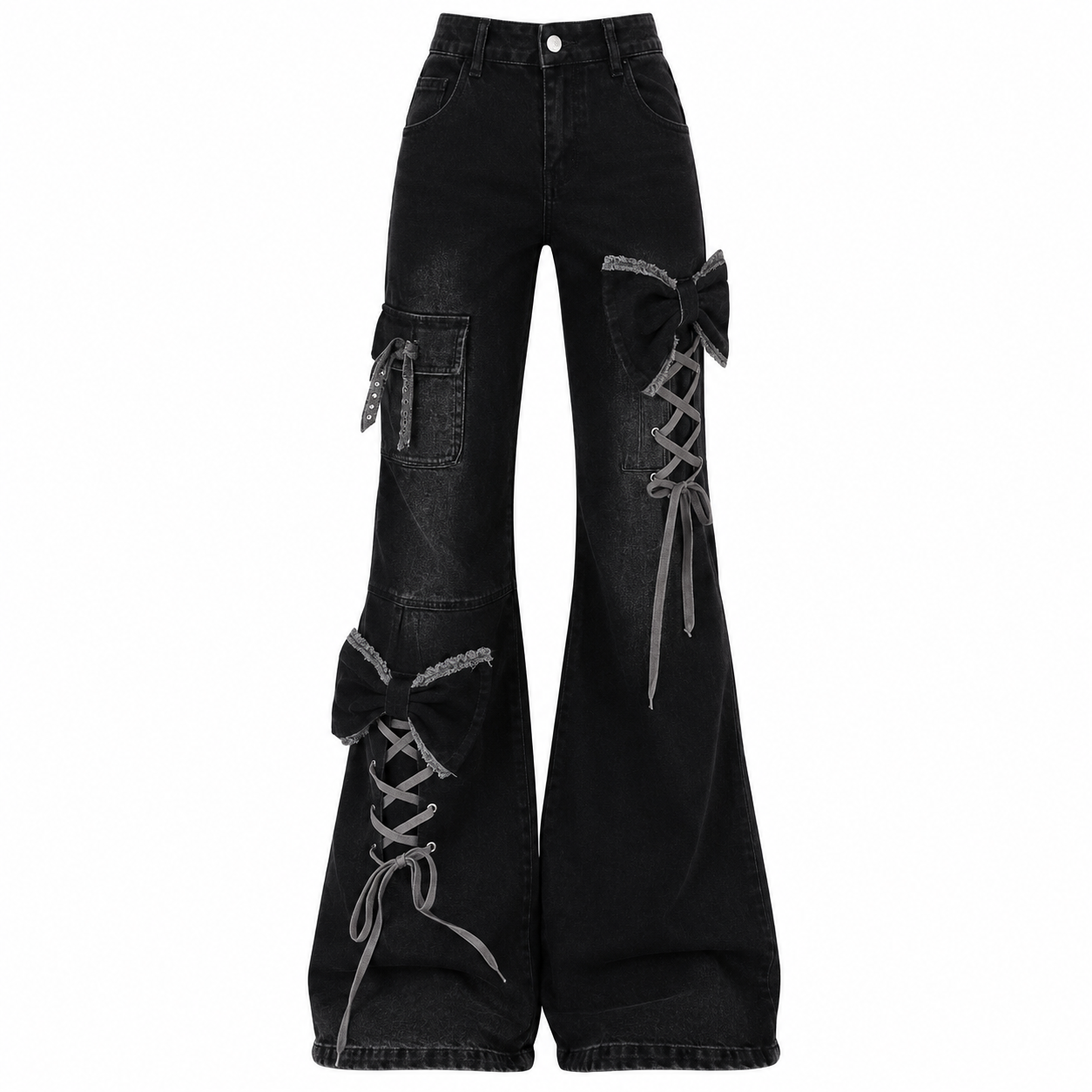 Goth Y2k Lace-Up Bow Flare Cargo Pants