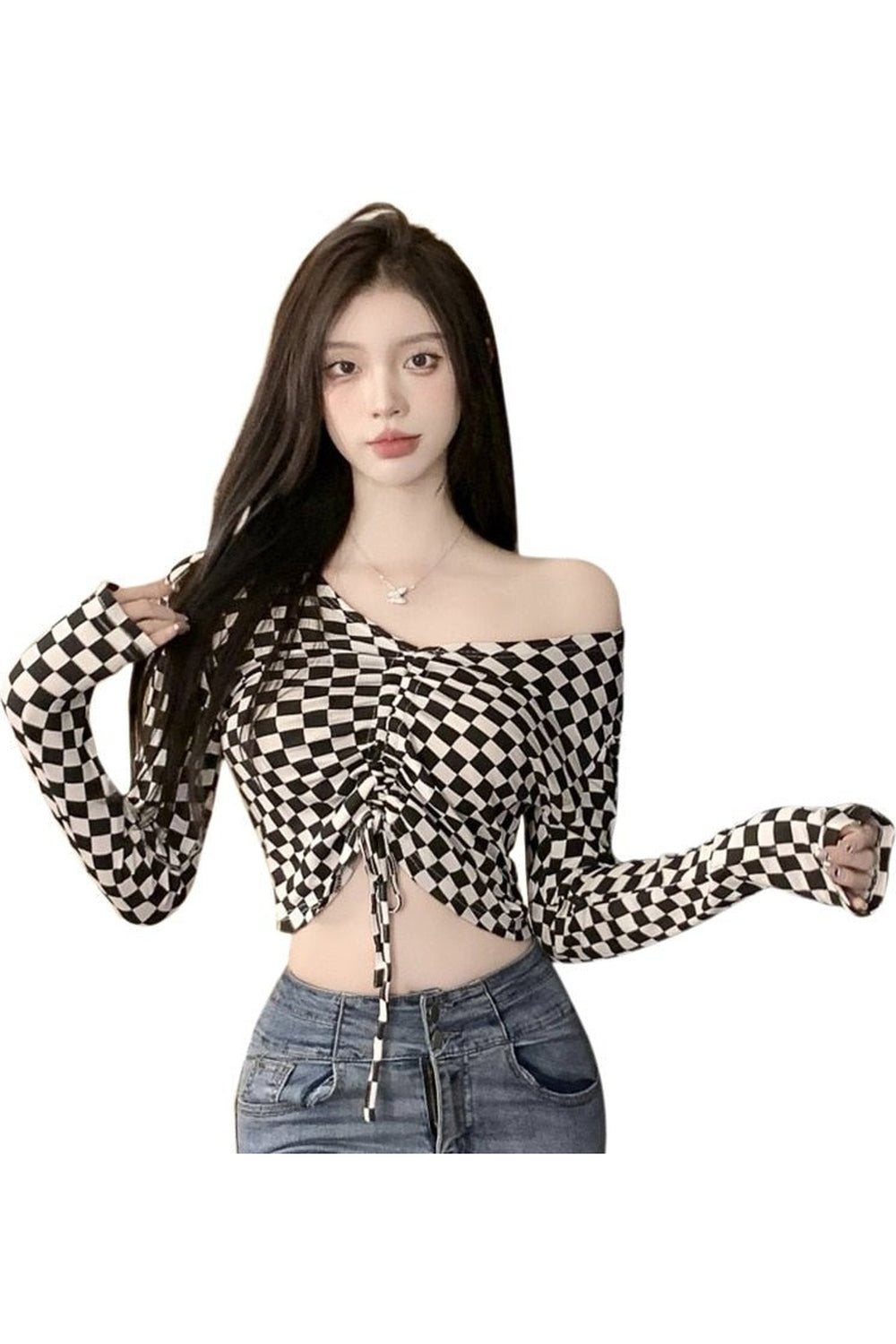 Y2k Checkered Off The Shoulder Crop Top