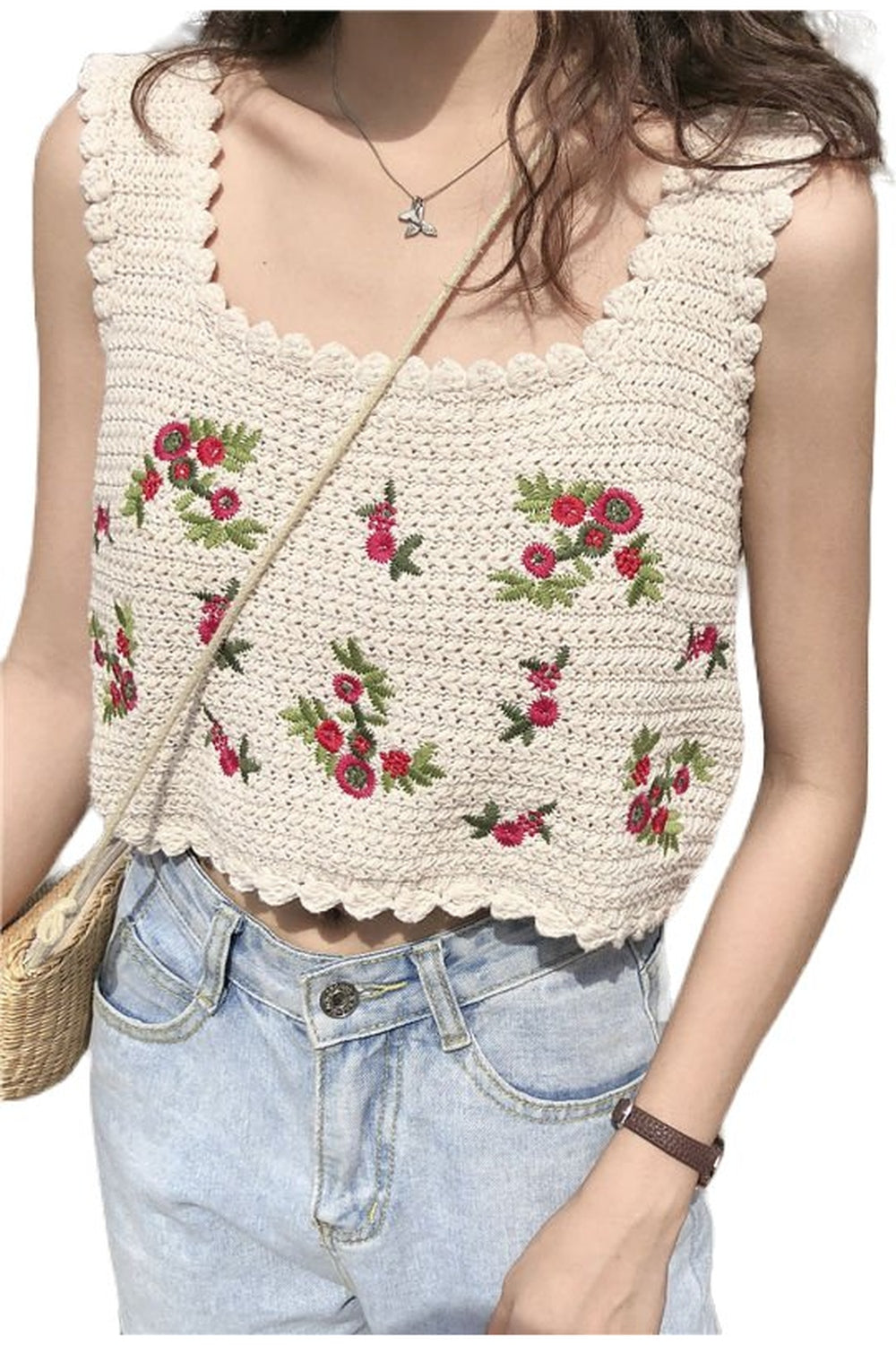 Y2k Embroidered Sleeveless Crop Top