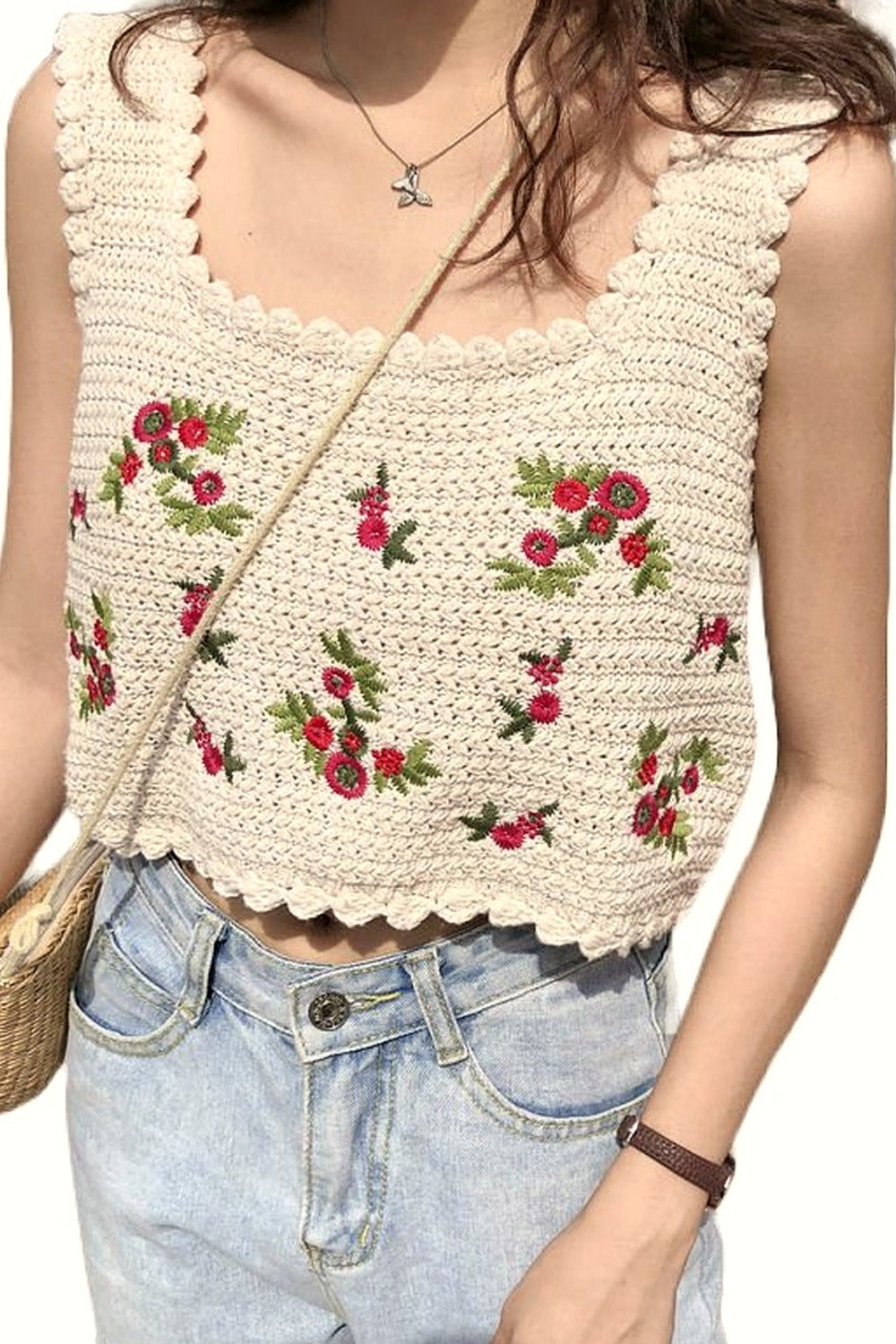 Y2k Embroidered Sleeveless Crop Top