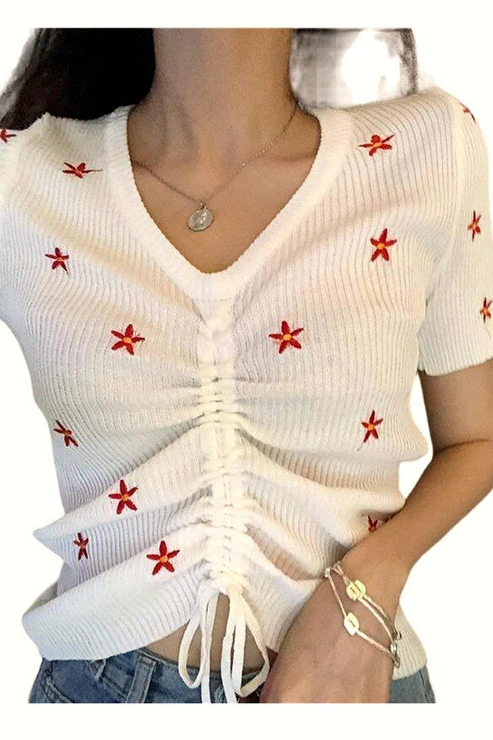 Y2k Embroidery Lace Up Summer Crop Top