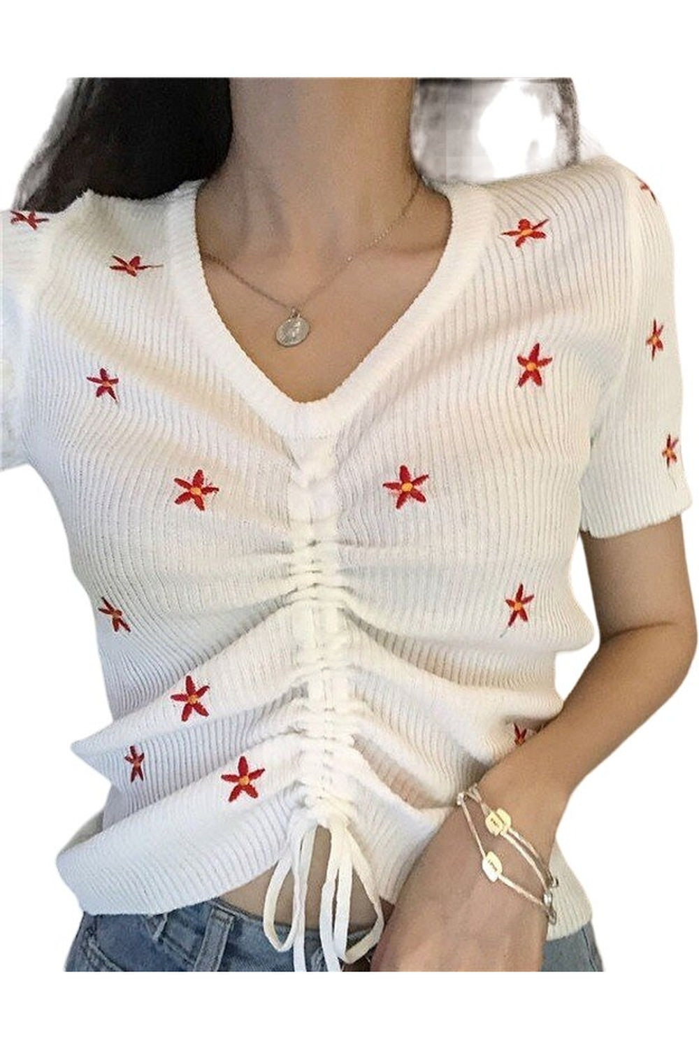 Y2k Embroidery Lace Up Summer Crop Top