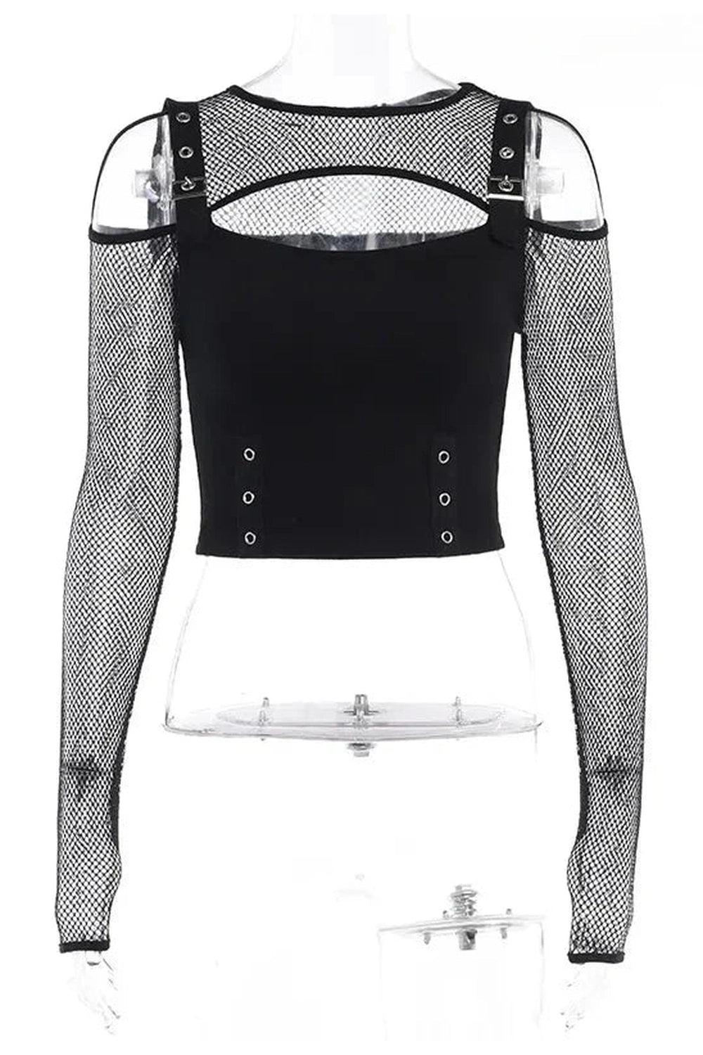 Y2k Fishnet Patchwork Buckle Crop Top