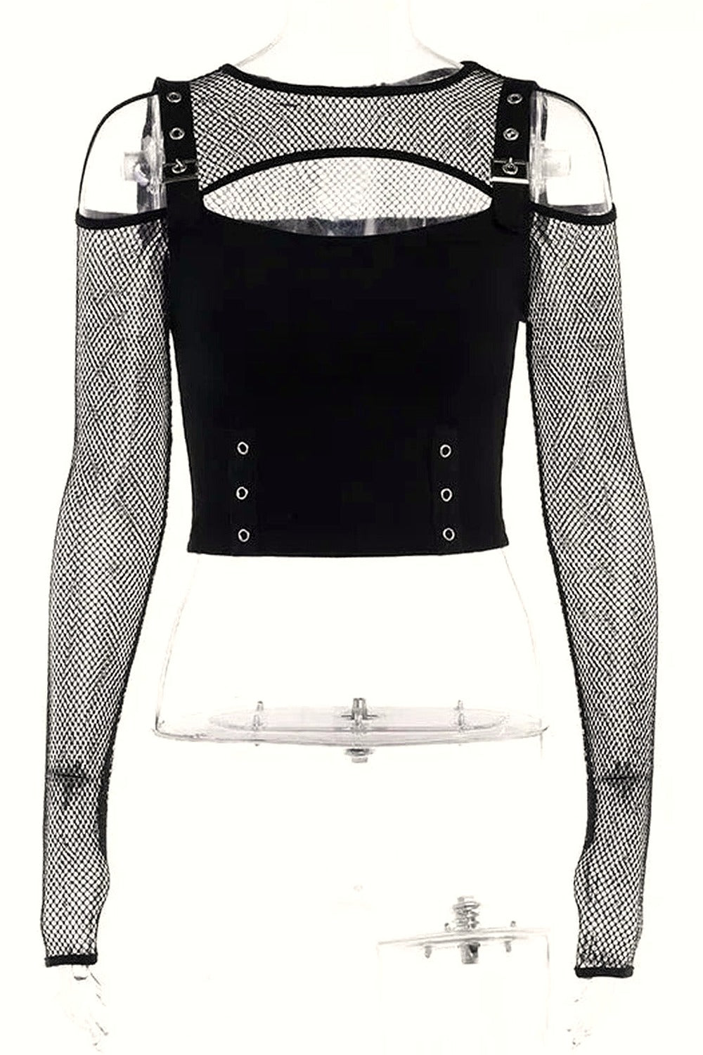 Y2k Fishnet Patchwork Buckle Crop Top
