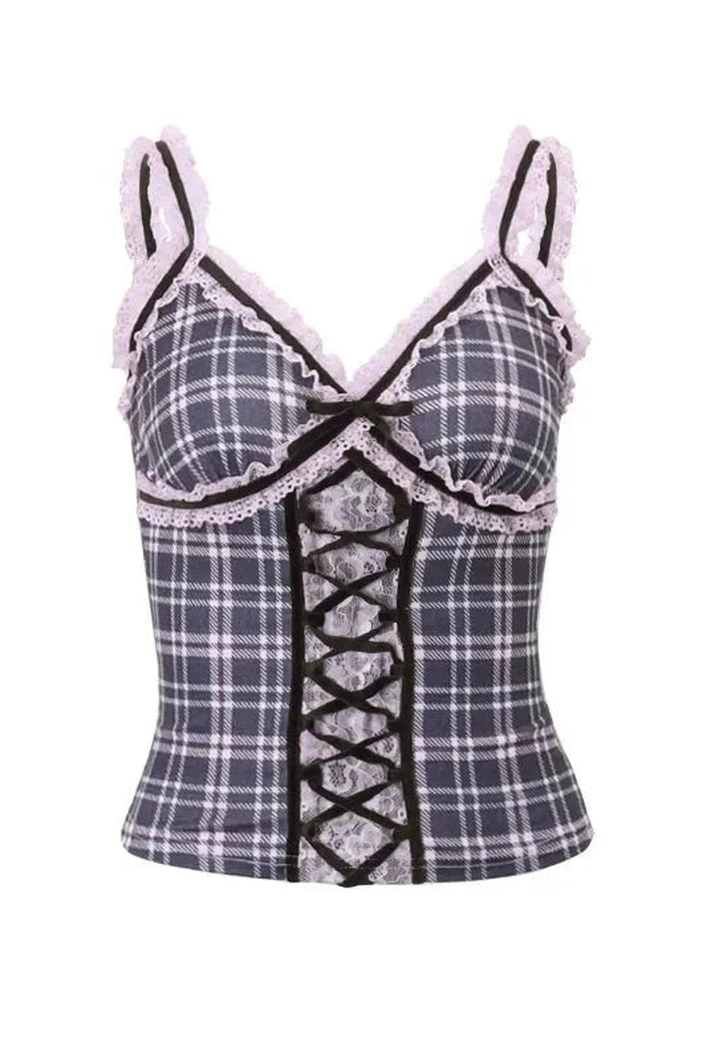 Y2k Lace Patchwork Plaid Top