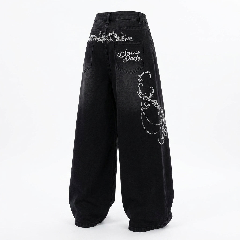 Goth Y2K Scroll Embroidered Jeans