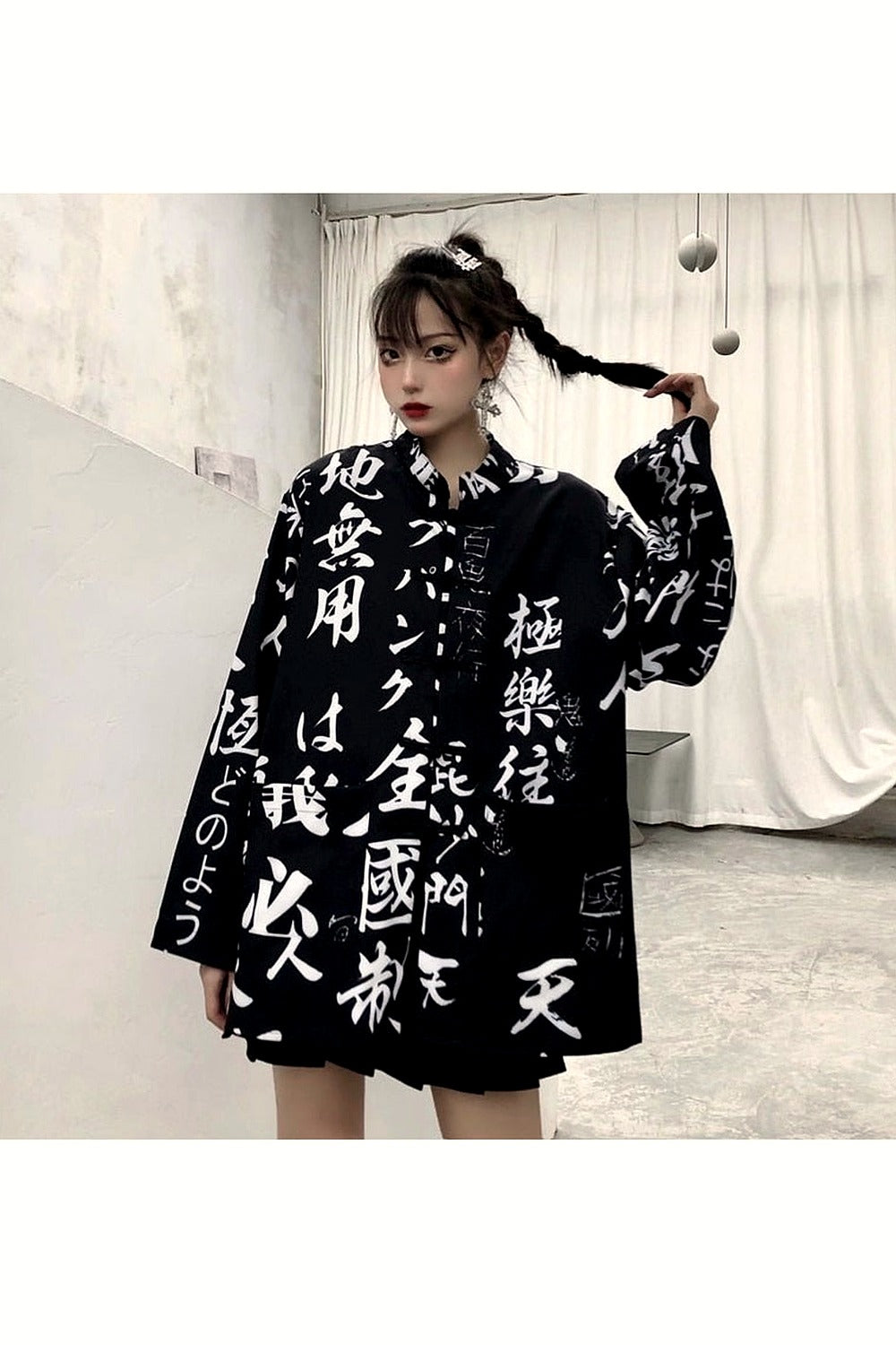 Y2k Oversize Hieroglyphs print Blouse
