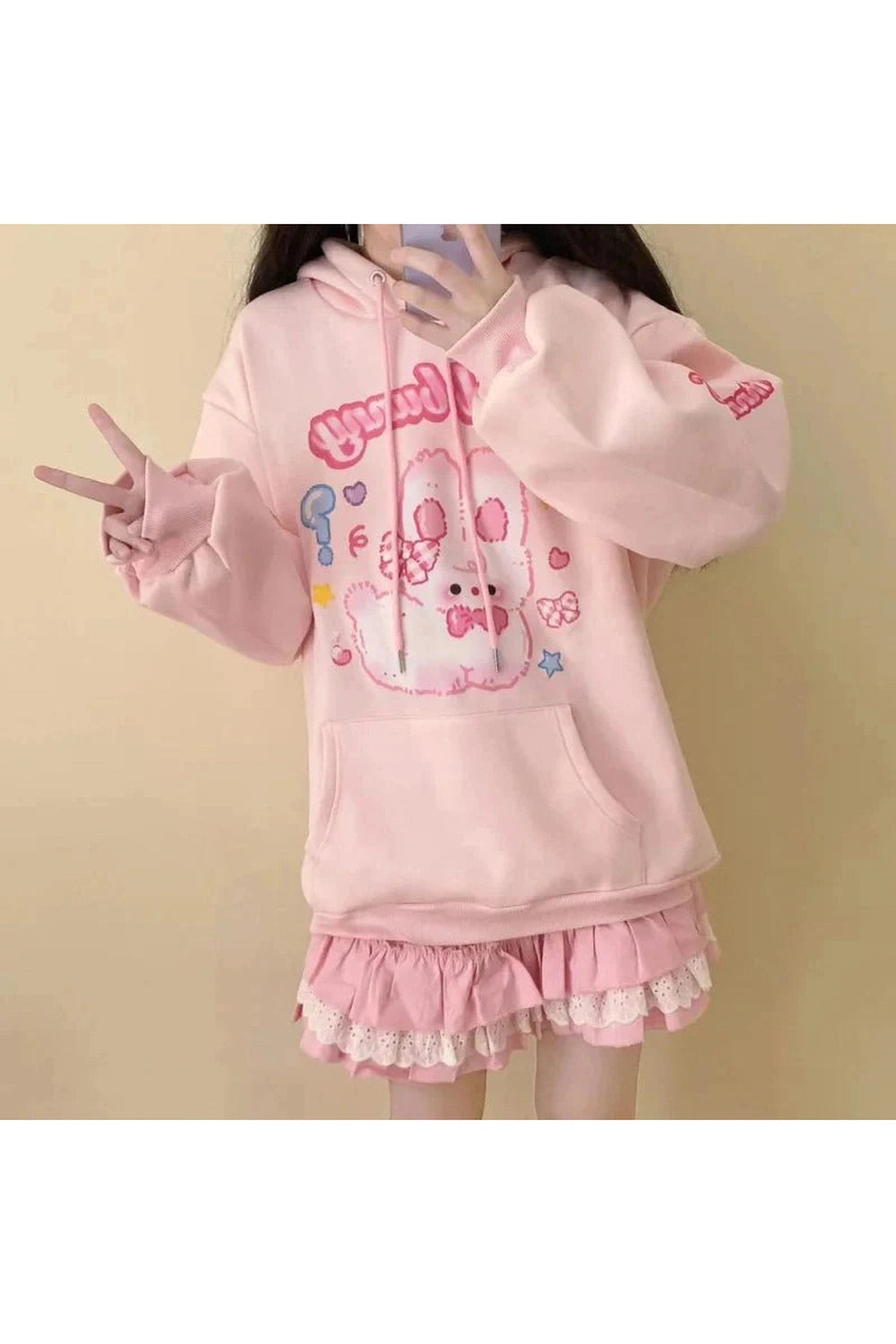 Y2k Pink Hoodie Rabbit Print