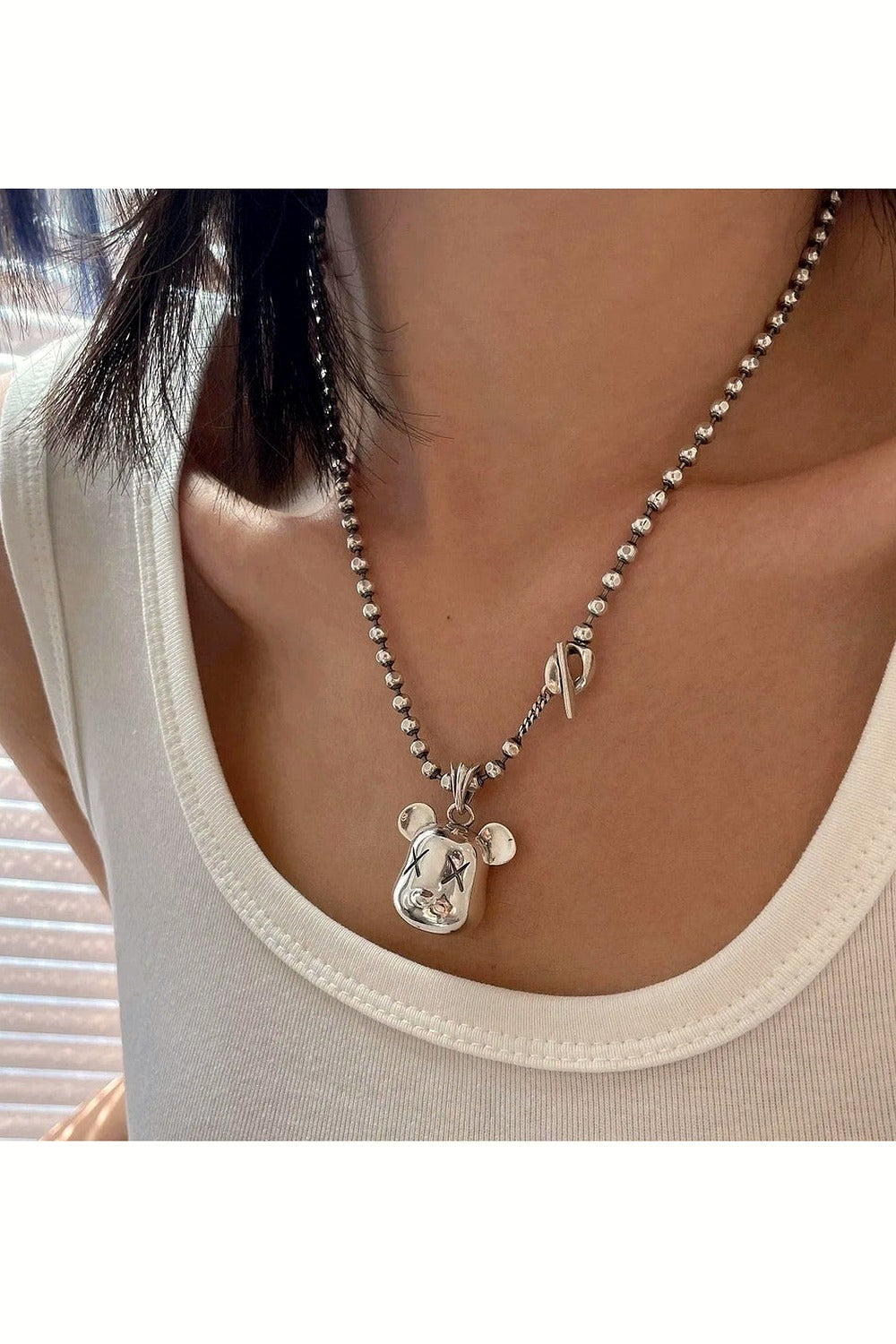 Y2k Silver Bear Head Necklace