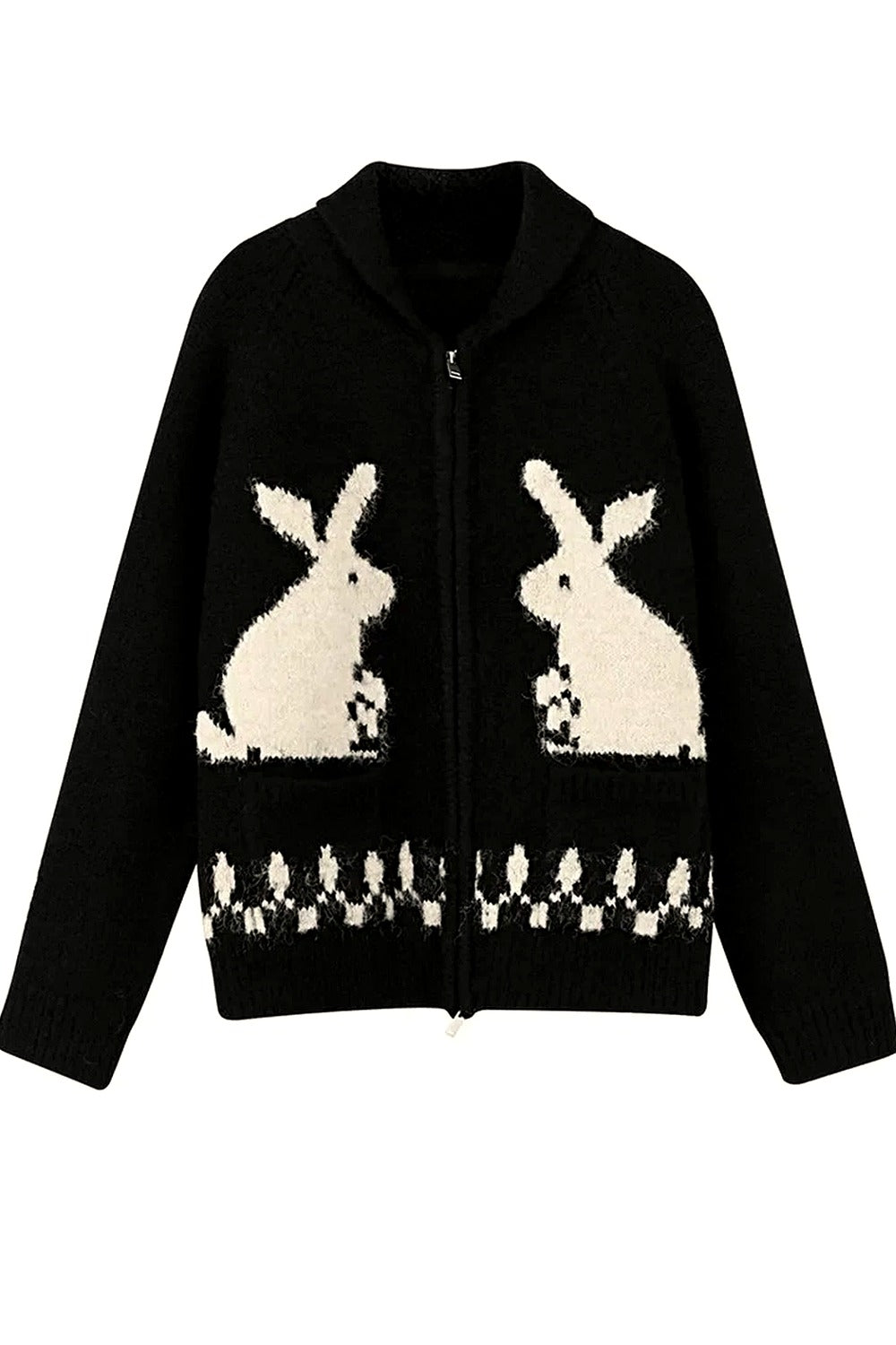 Y2k Whimsical Bunny Motif Zip-Up Cardigan