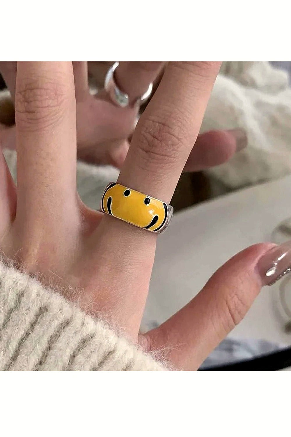 Y2k Yellow Smile Face Silver Ring