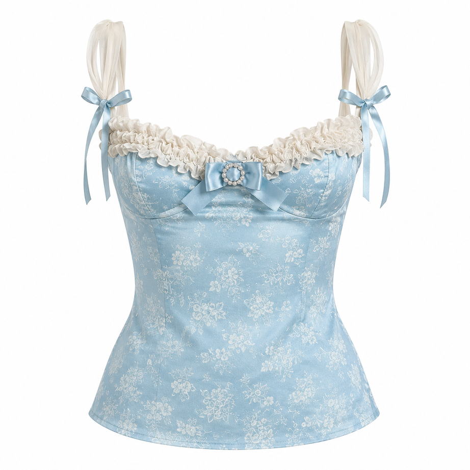 Y2K Pearl Bow Floral Corset Cami Top in Baby Blue