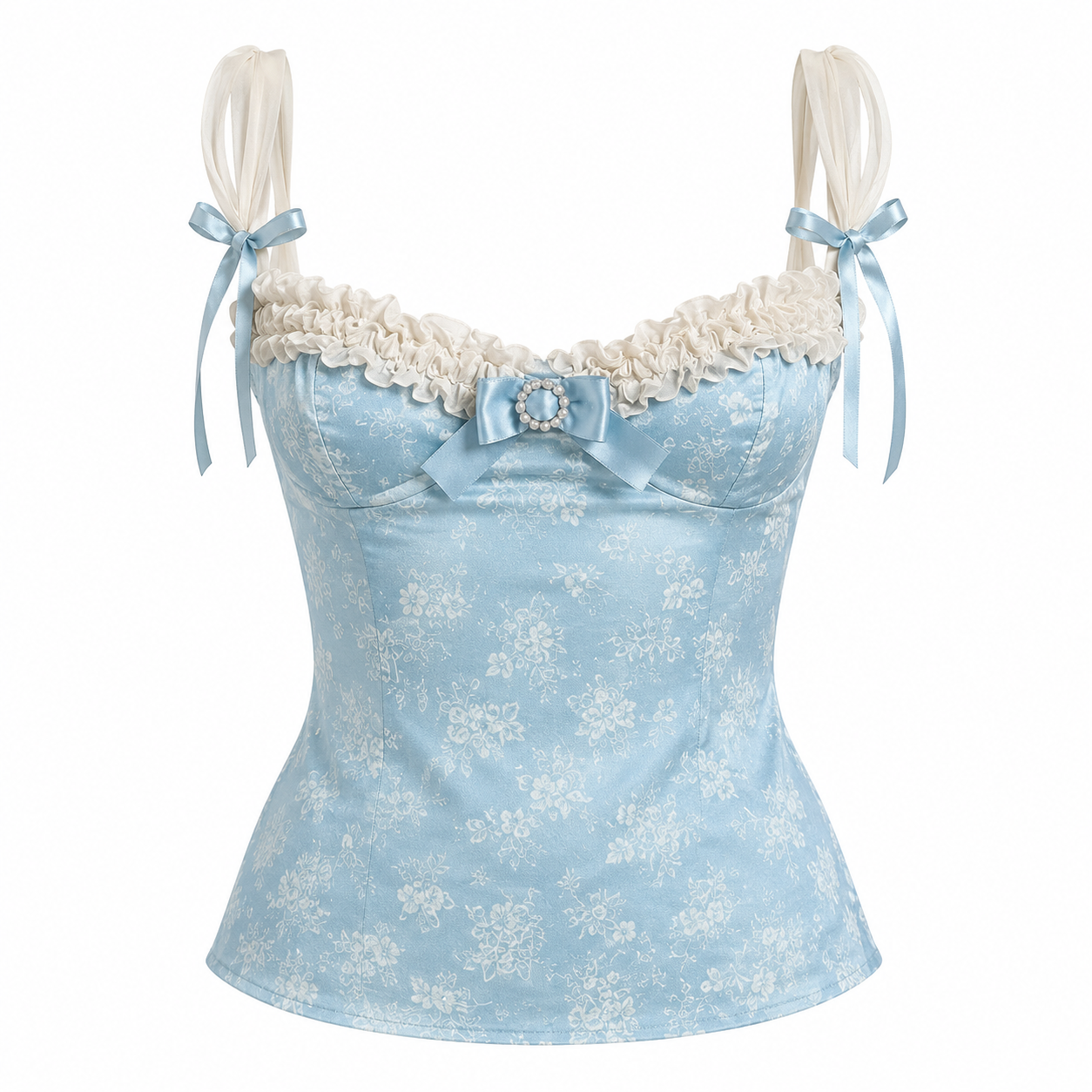 Y2K Pearl Bow Floral Corset Cami Top in Baby Blue