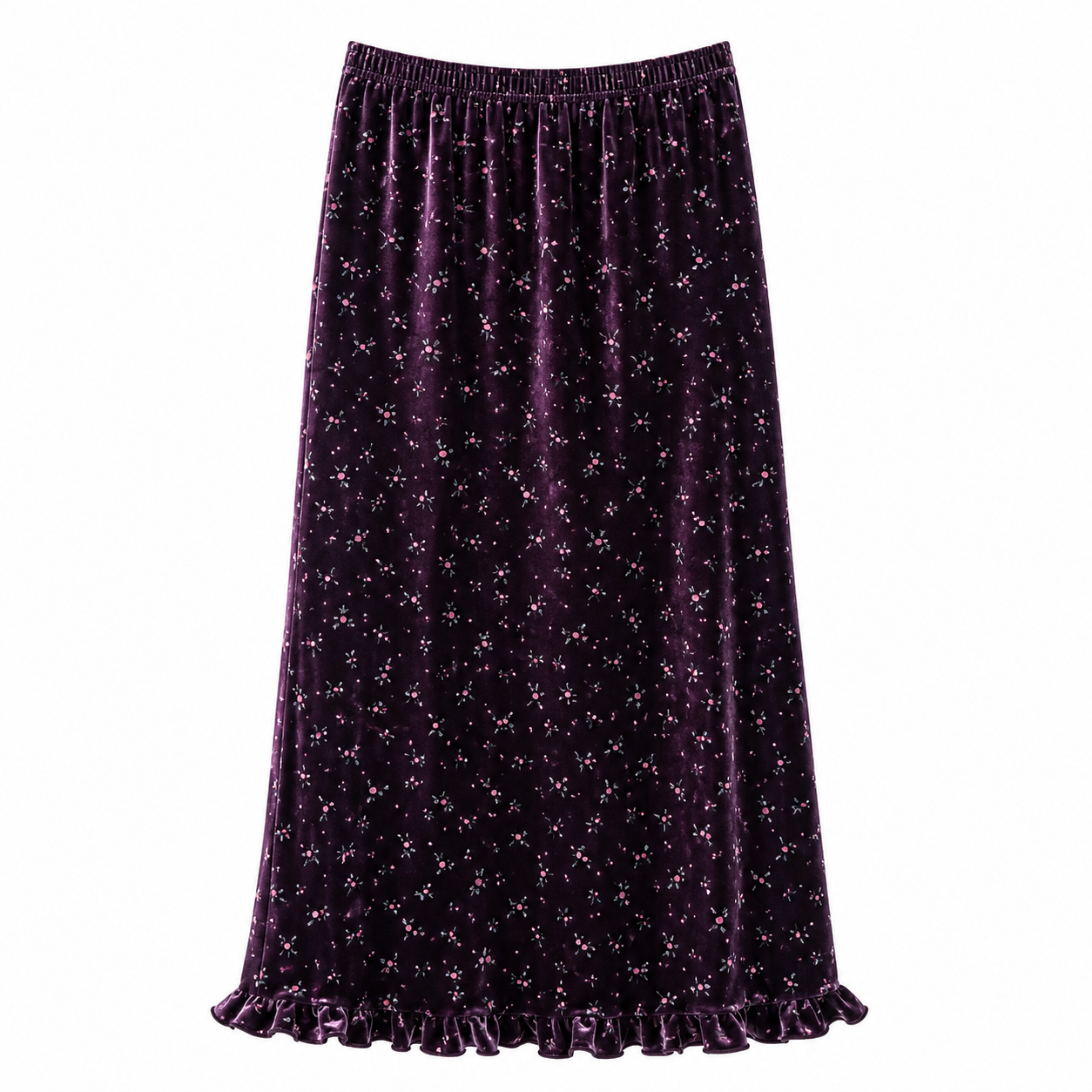 Goth Y2k Midnight Velvet Floral Ruffle Midi Skirt