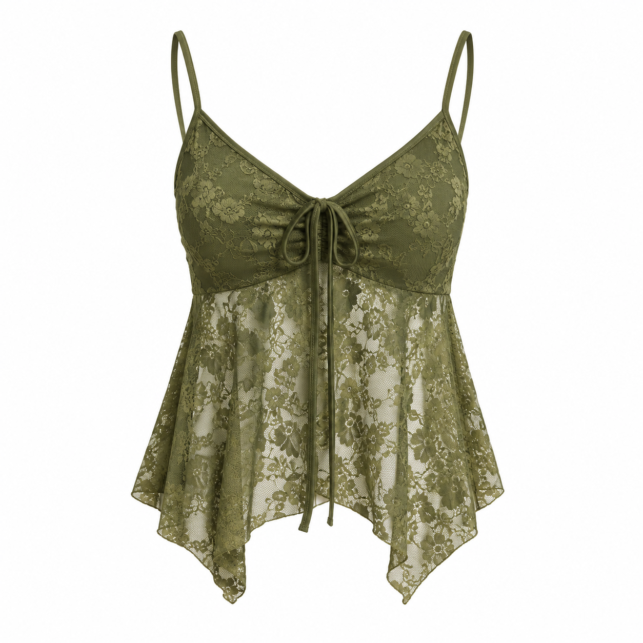 Y2K Sage Lace Tie-Front Cami Top