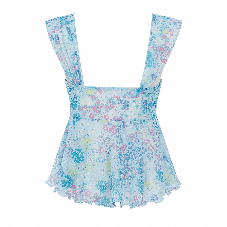 Y2K Floral Mesh Ruched Tie-Front Top