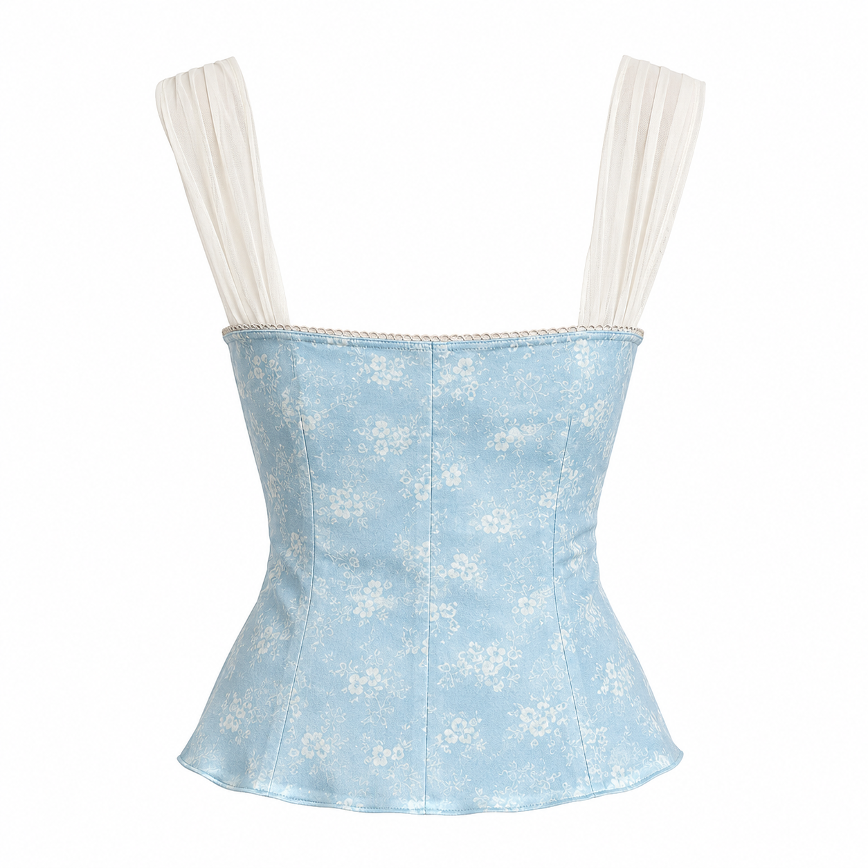 Y2K Pearl Bow Floral Corset Cami Top in Baby Blue