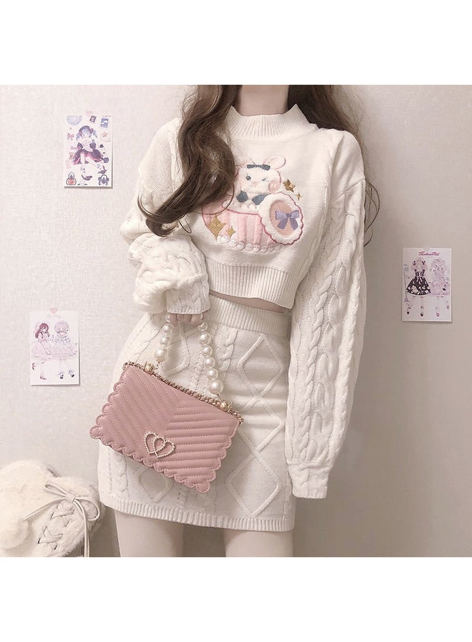 Y2k 2 Set Cute Rabbit Embroidery Kintted Sweater & Skirt