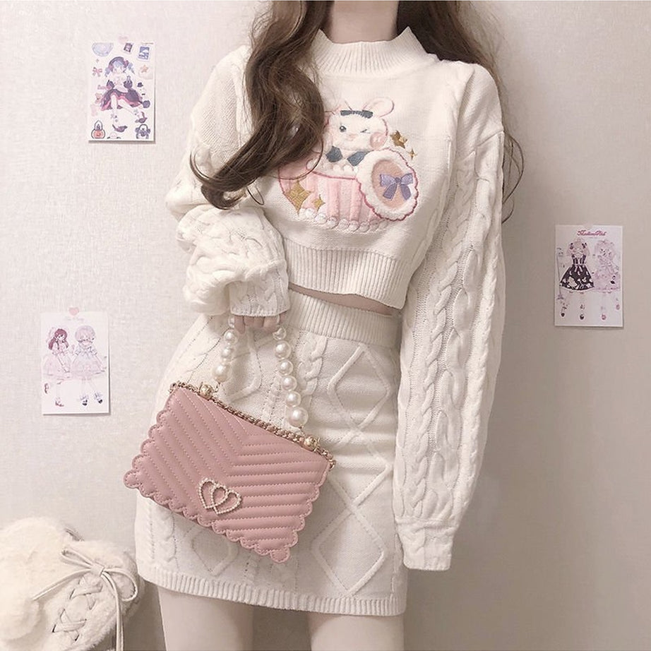 Y2k 2 Set Cute Rabbit Embroidery Kintted Sweater & Skirt