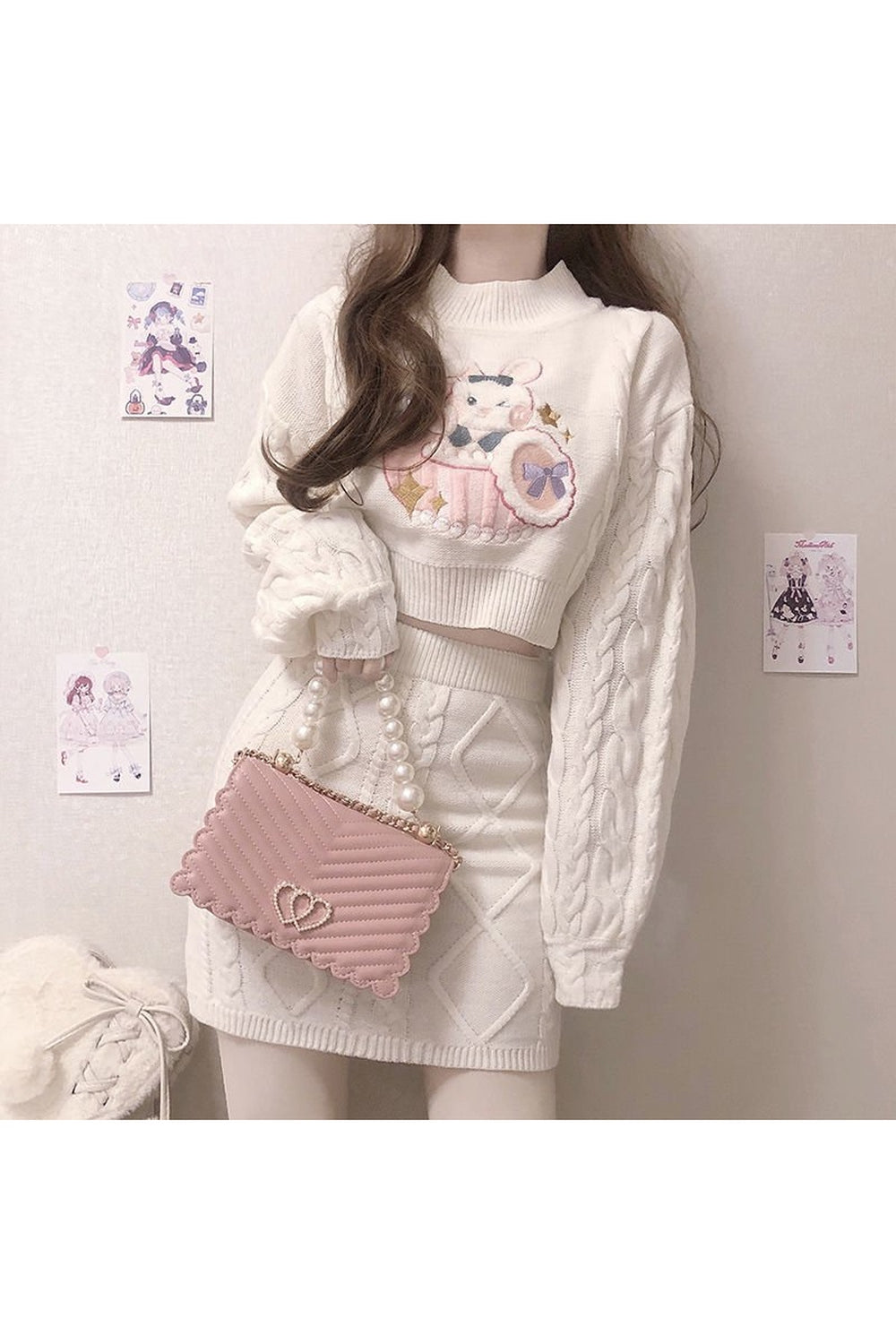 Y2k 2 Set Cute Rabbit Embroidery Kintted Sweater & Skirt