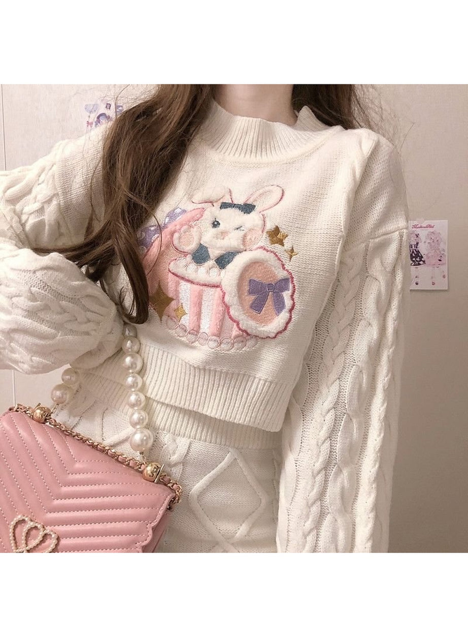 Y2k 2 Set Cute Rabbit Embroidery Kintted Sweater & Skirt