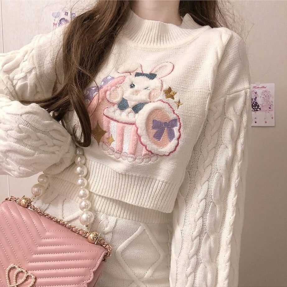 Y2k 2 Set Cute Rabbit Embroidery Kintted Sweater & Skirt