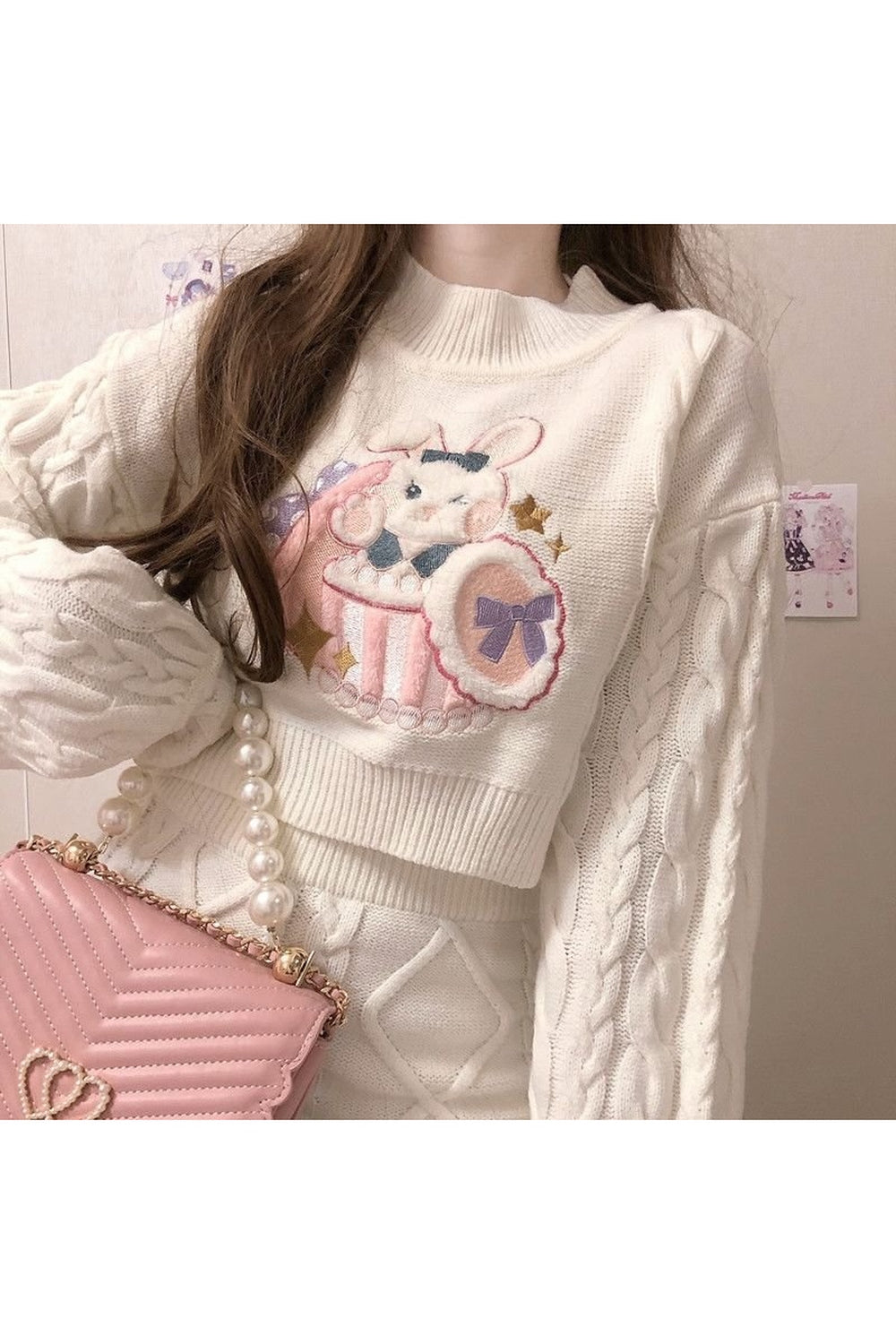 Y2k 2 Set Cute Rabbit Embroidery Kintted Sweater & Skirt