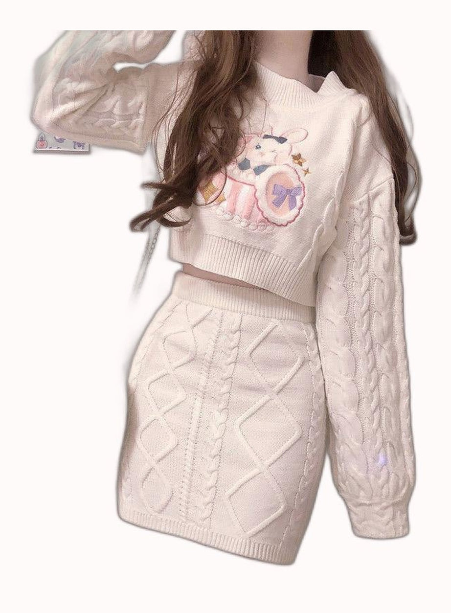 Y2k 2 Set Cute Rabbit Embroidery Kintted Sweater & Skirt