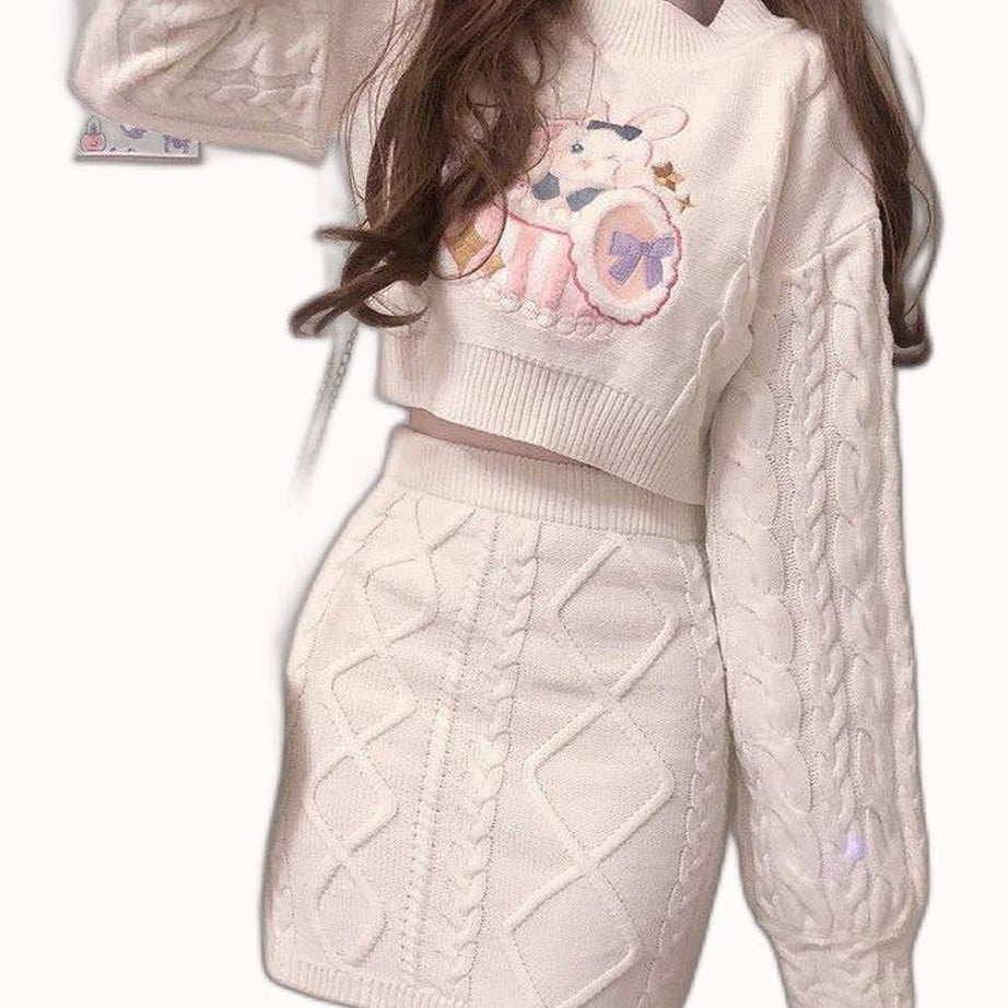 Y2k 2 Set Cute Rabbit Embroidery Kintted Sweater & Skirt