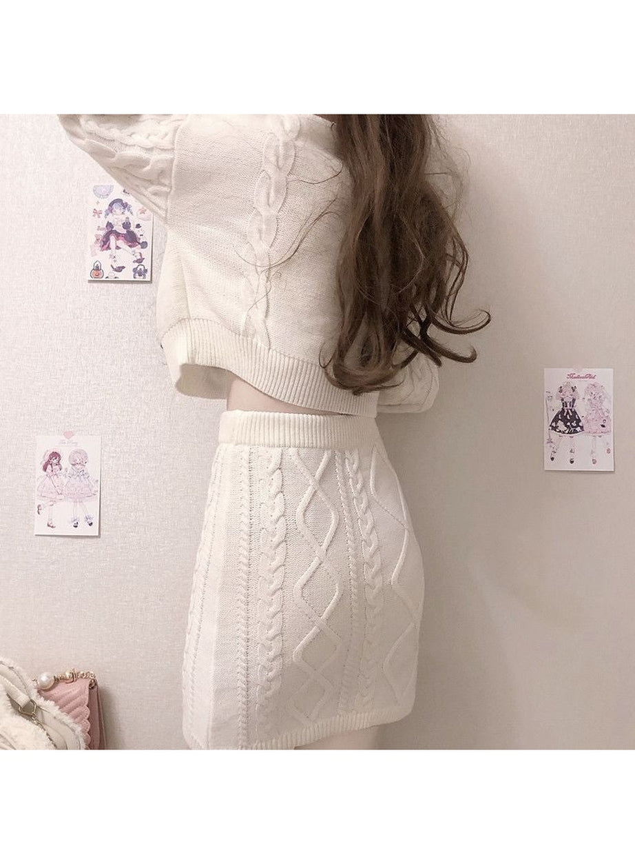 Y2k 2 Set Cute Rabbit Embroidery Kintted Sweater & Skirt