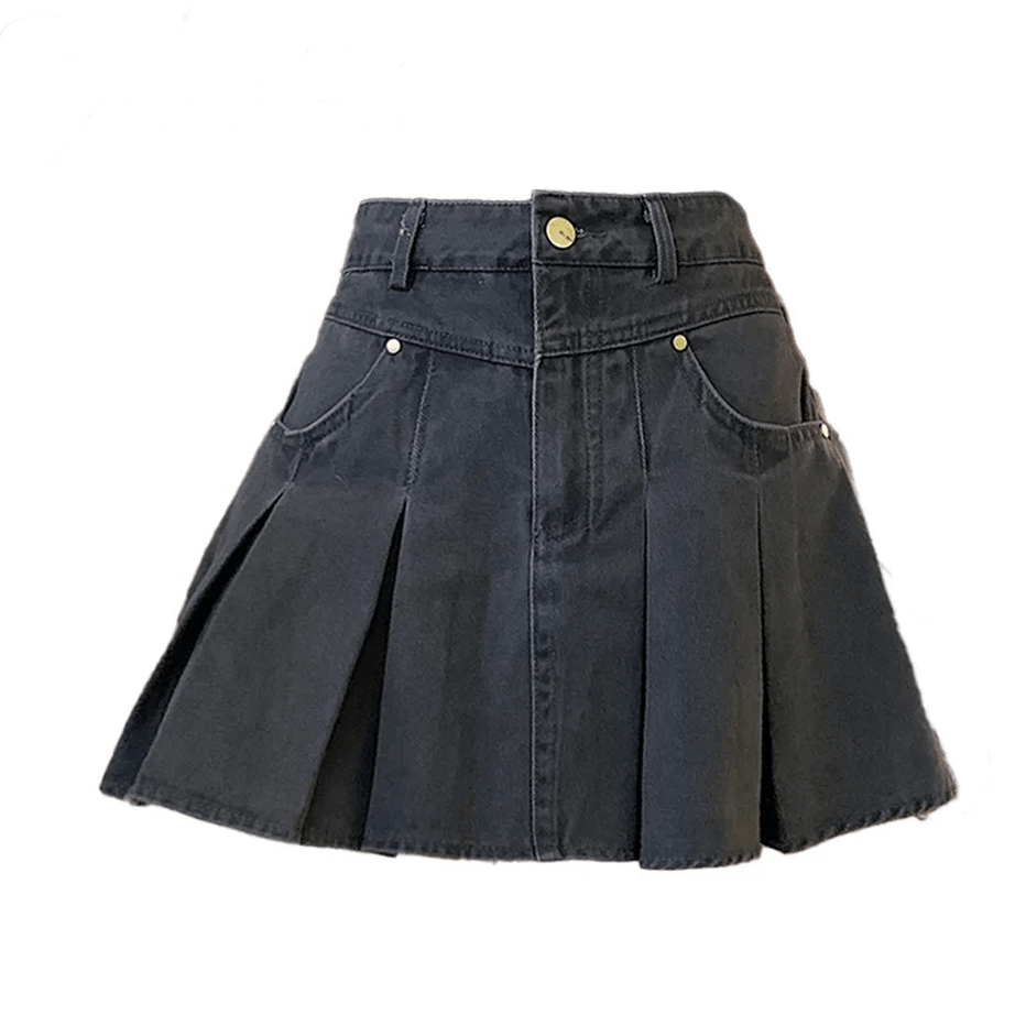 Pleated High-Waisted Denim Skirt