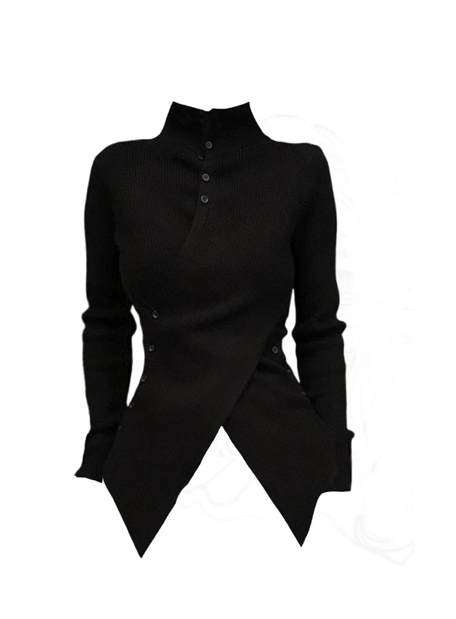 Asymmetrical High Neck Buttoned Sweater