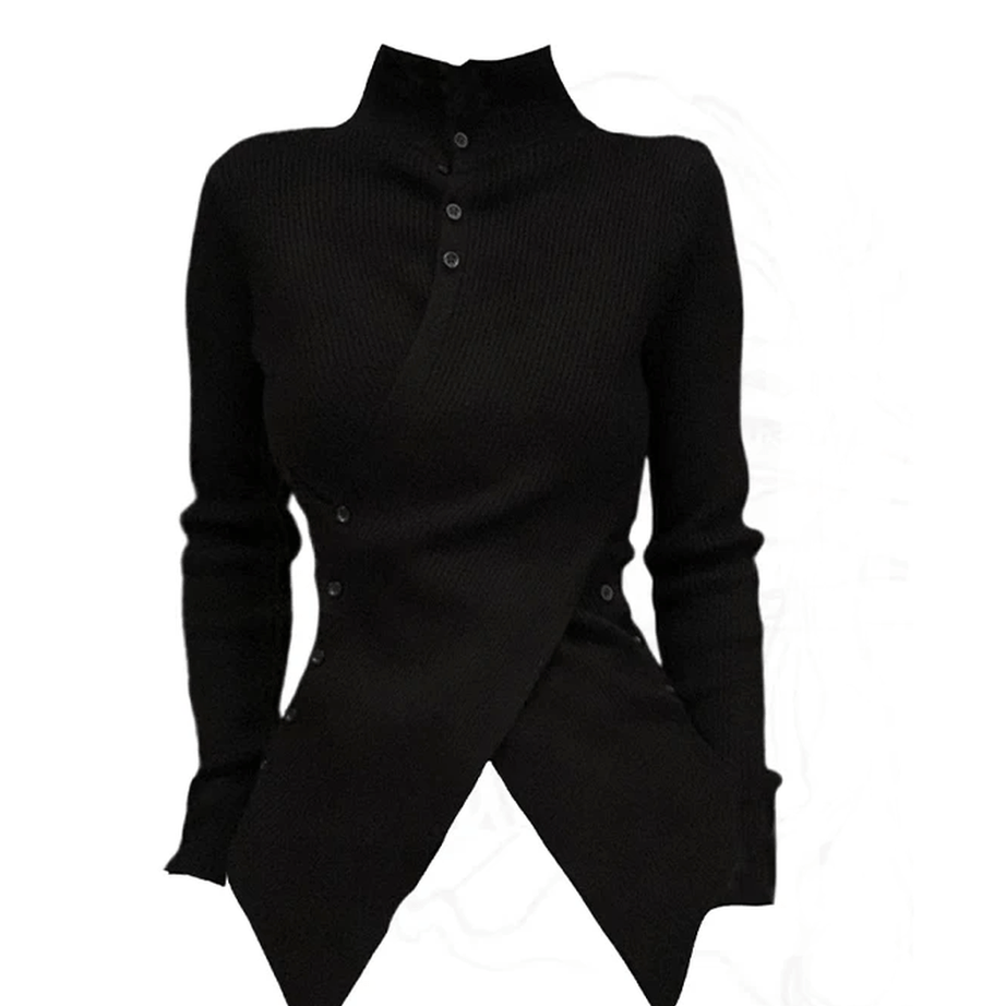 Asymmetrical High Neck Buttoned Sweater