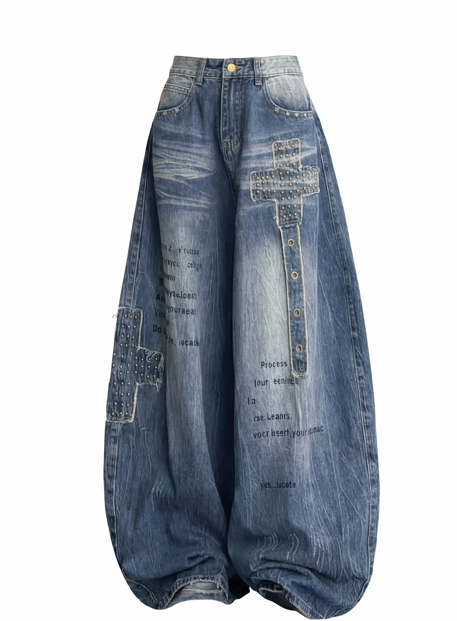 Retro Embroidered High Waist Wide Leg Jeans